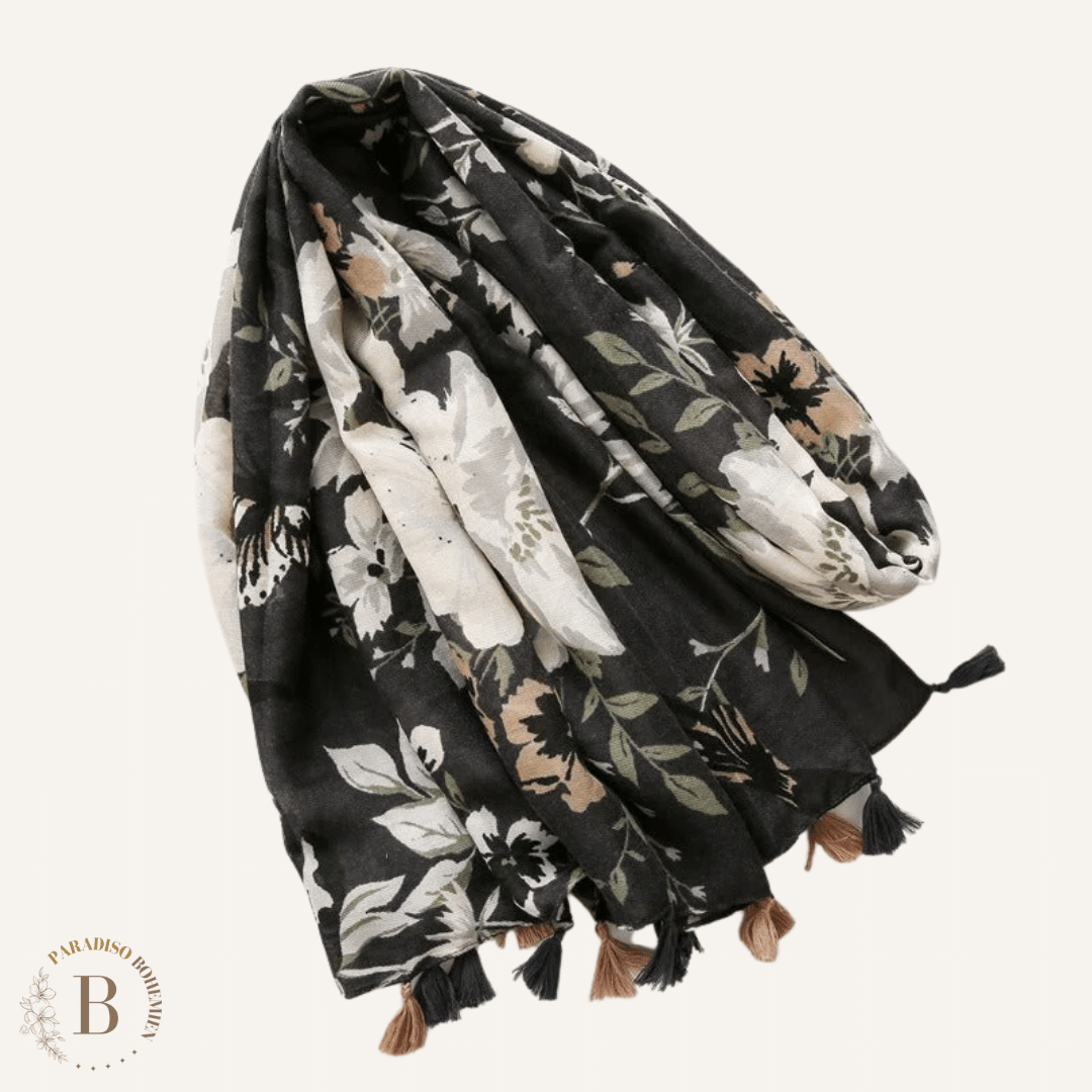 Sciarpa Nera con Stampa Floreale in stile Boho | Paradiso Bohemien