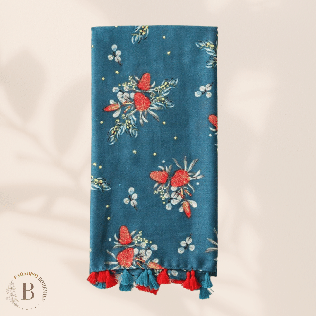 Sciarpa Leggera Donna Blu Fantasia Fragola in stile Boho | Paradiso Bohemien