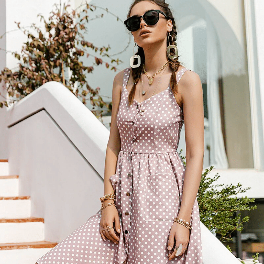 Vestito a Pois Rosa con Tasche