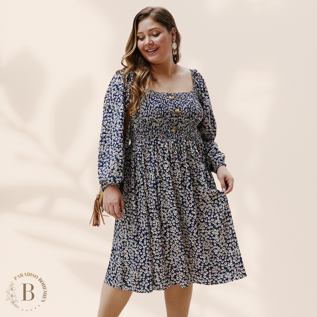 Abito Fantasia Floreale Taglie Forti Blu | Paradiso Bohemien
