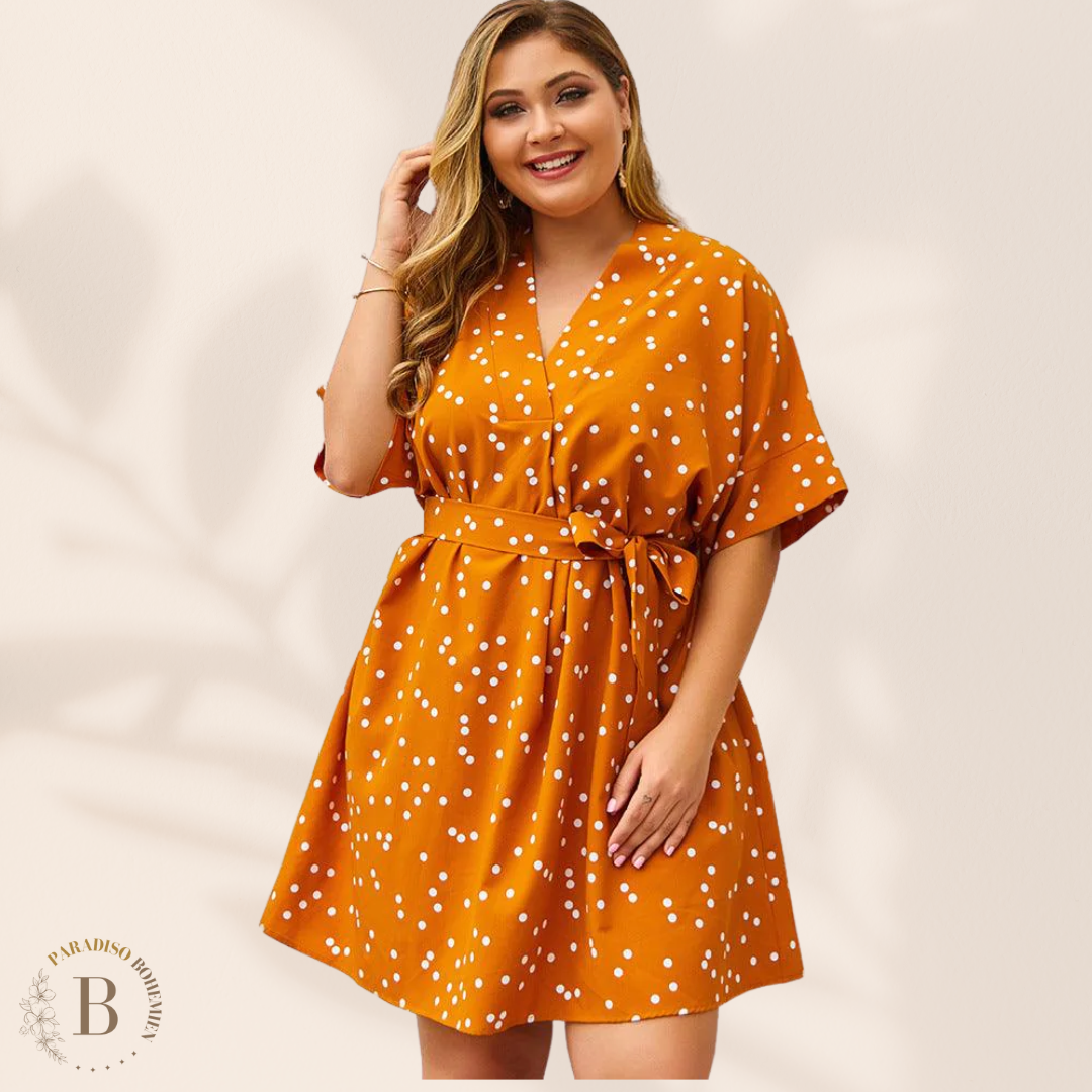Vestito Corto a Pois Taglie Forti Arancione | Paradiso Bohemien