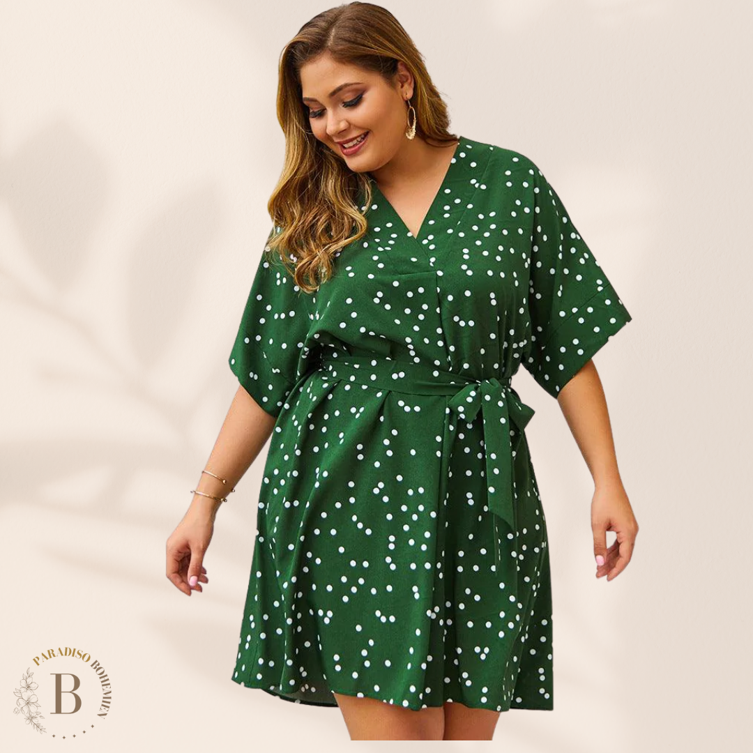 Vestito Corto a Pois Taglie Forti Verde | Paradiso Bohemien