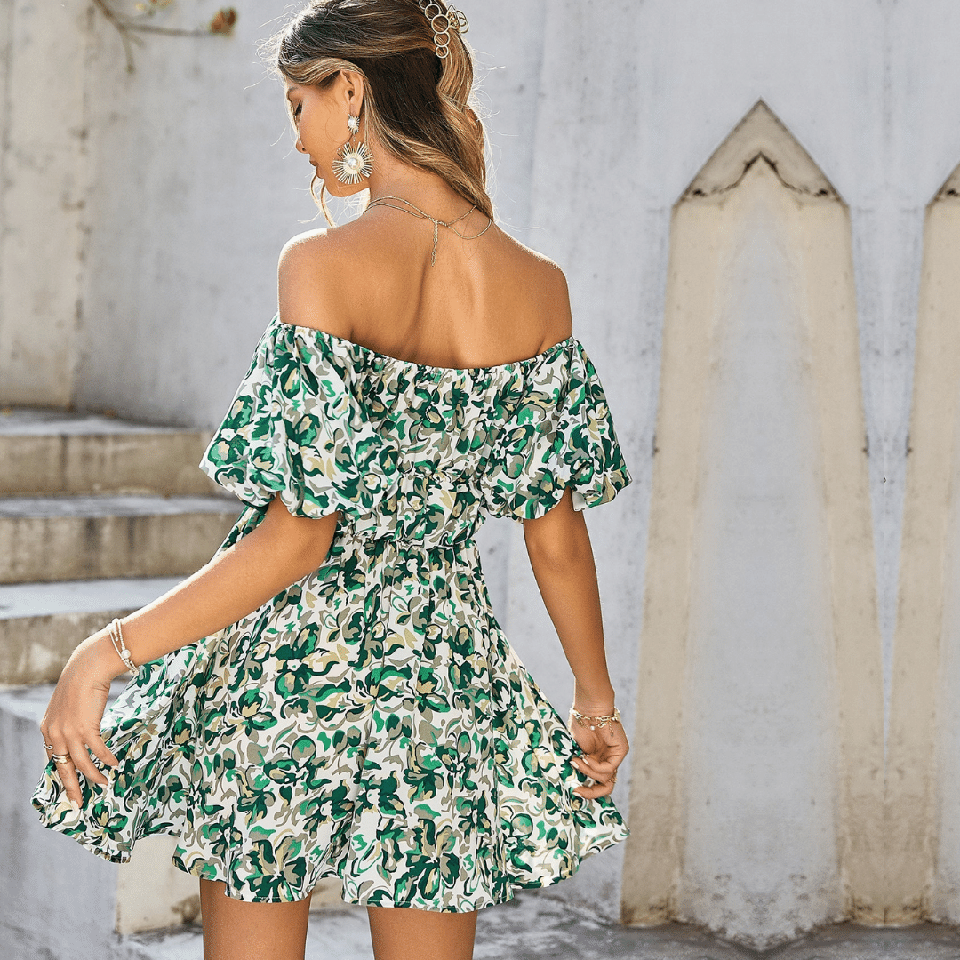 Vestito Corto Verde con Fiori Boho Chic