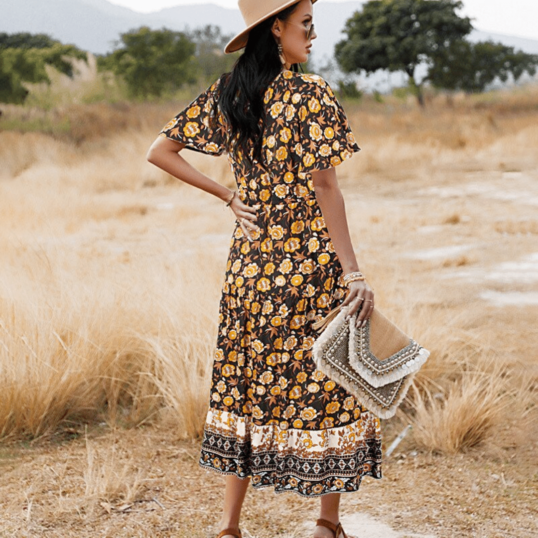 Vestito Country Marrone e Fiori Celeste | Paradiso Bohemien
