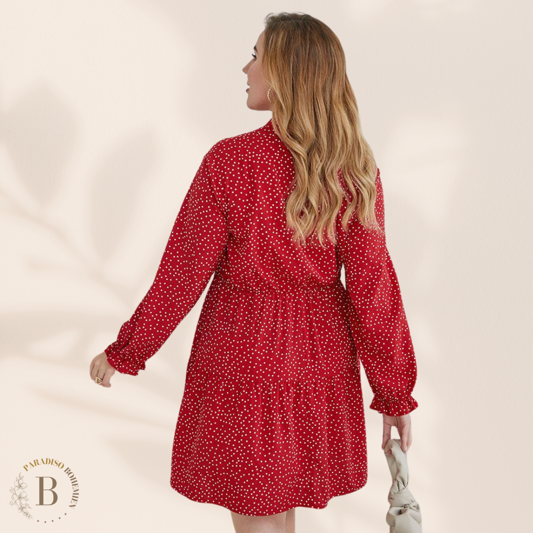 vestito a pois a maniche lunghe per taglie forti rosso | Paradiso Bohemien