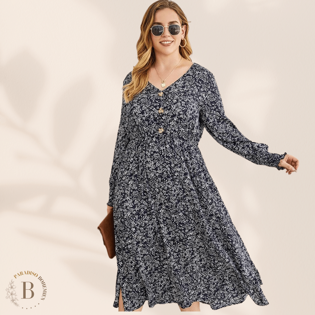 Vestito Floreale Taglie Forti Lunghe Blu Grigio | Paradiso Bohemien