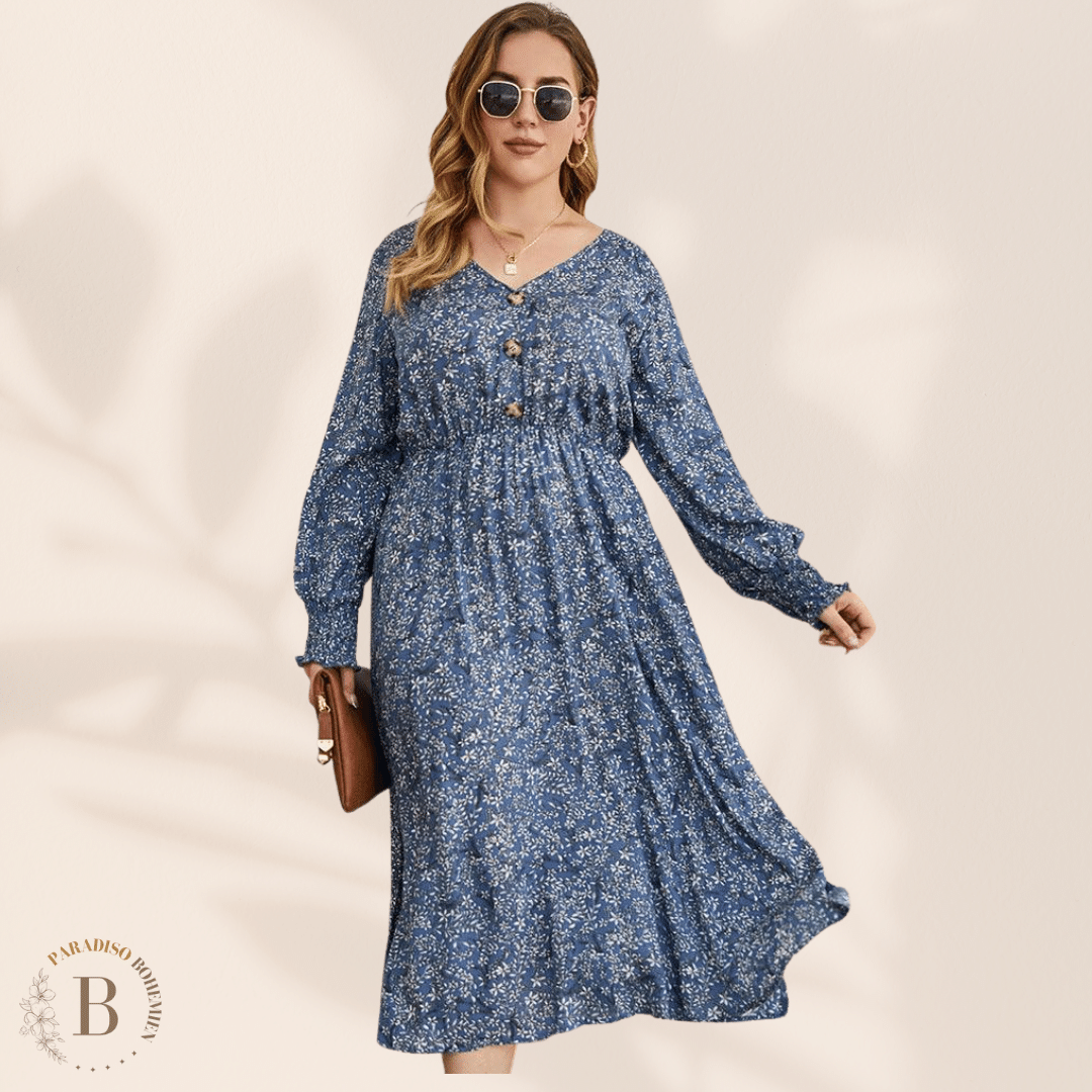Vestito Floreale Taglie Forti Lunghe Blu Marino | Paradiso Bohemien