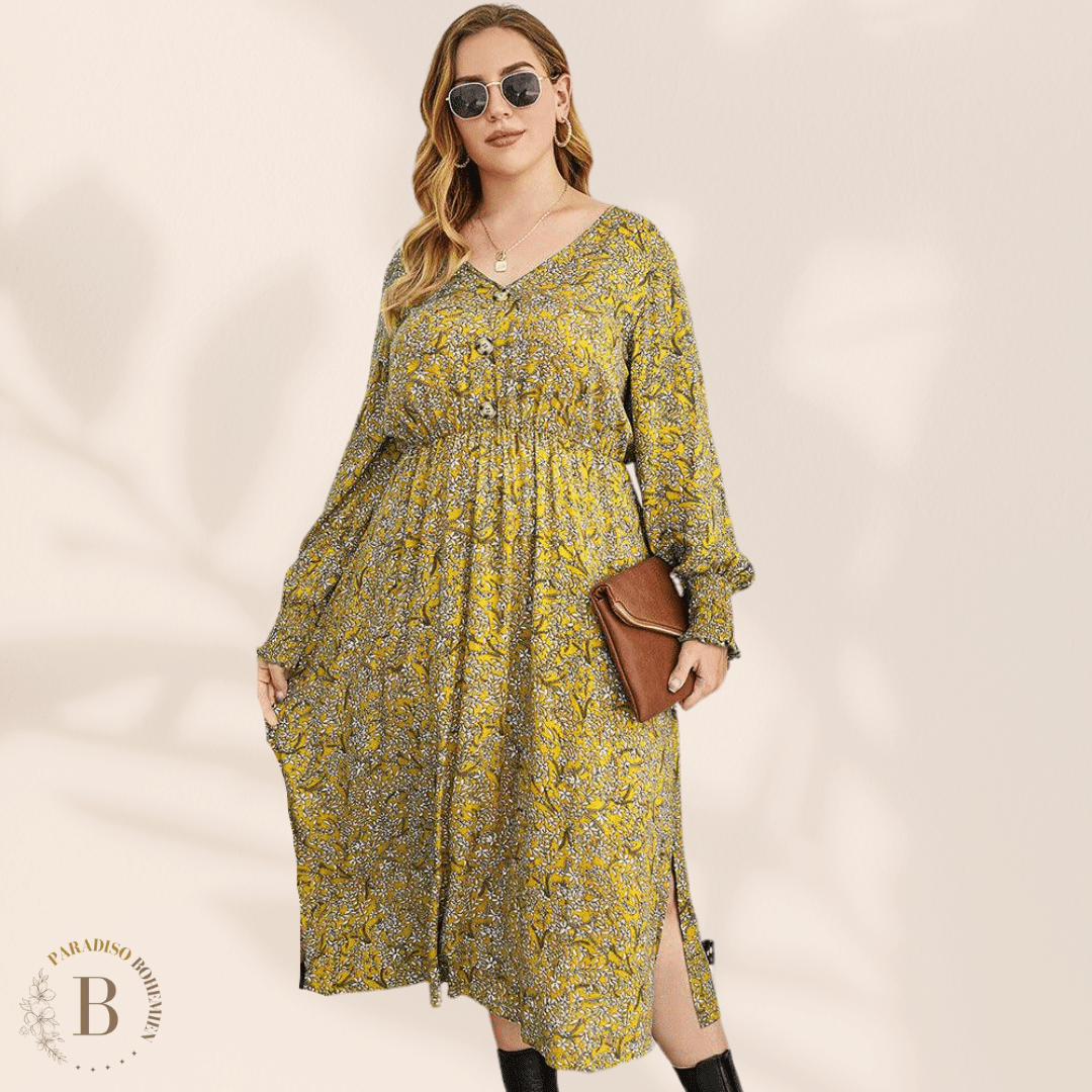 Vestito Floreale Taglie Forti Lunghe Giallo | Paradiso Bohemien