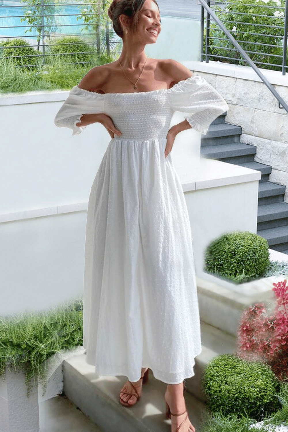 Vestito Lungo Estivo Bianco Spalle Scoperte - Nodo Regolabile Boho