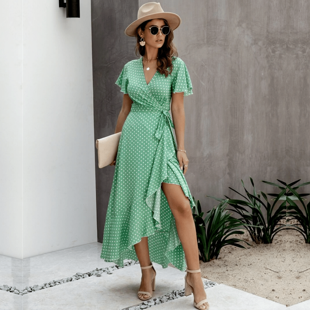 Vestito Lungo Verde a Pois Bianchi