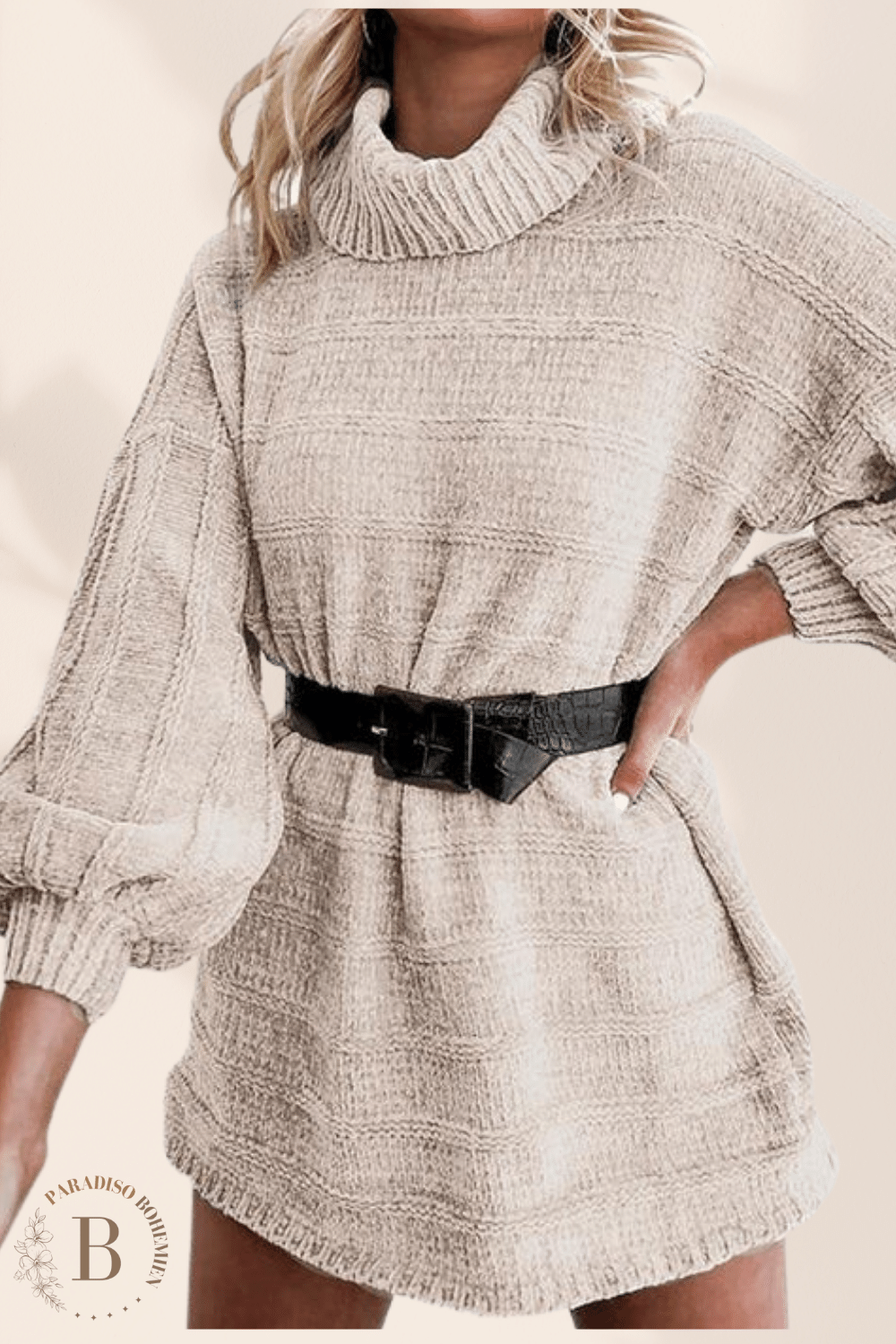 Abito Maglione Collo Alto Beige | Paradiso Bohemien