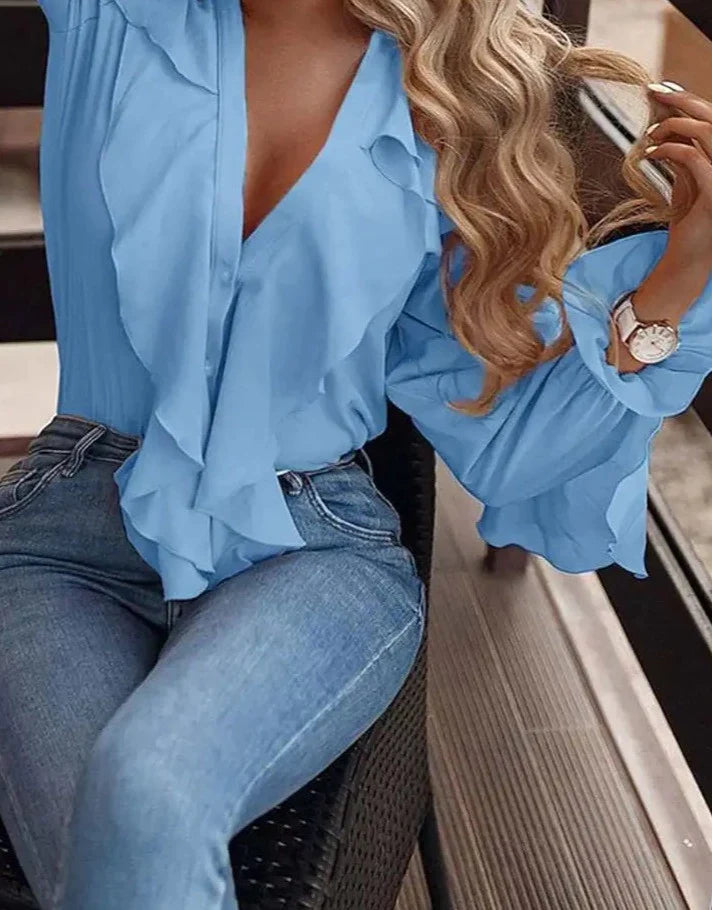 Camicia Blu Donna con Volant maniche lunghe | Paradiso Bohemien