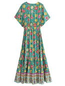 Vestito Boho Lungo Floreale Verde Donna Chic