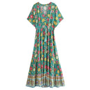 Vestito Boho Lungo Floreale Verde Donna Chic
