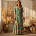 Vestito Boho Lungo Floreale Verde Donna Chic