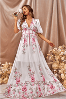 Abito da Cerimonia Bianco con stampa Floreale Rosa | Paradiso Bohemien