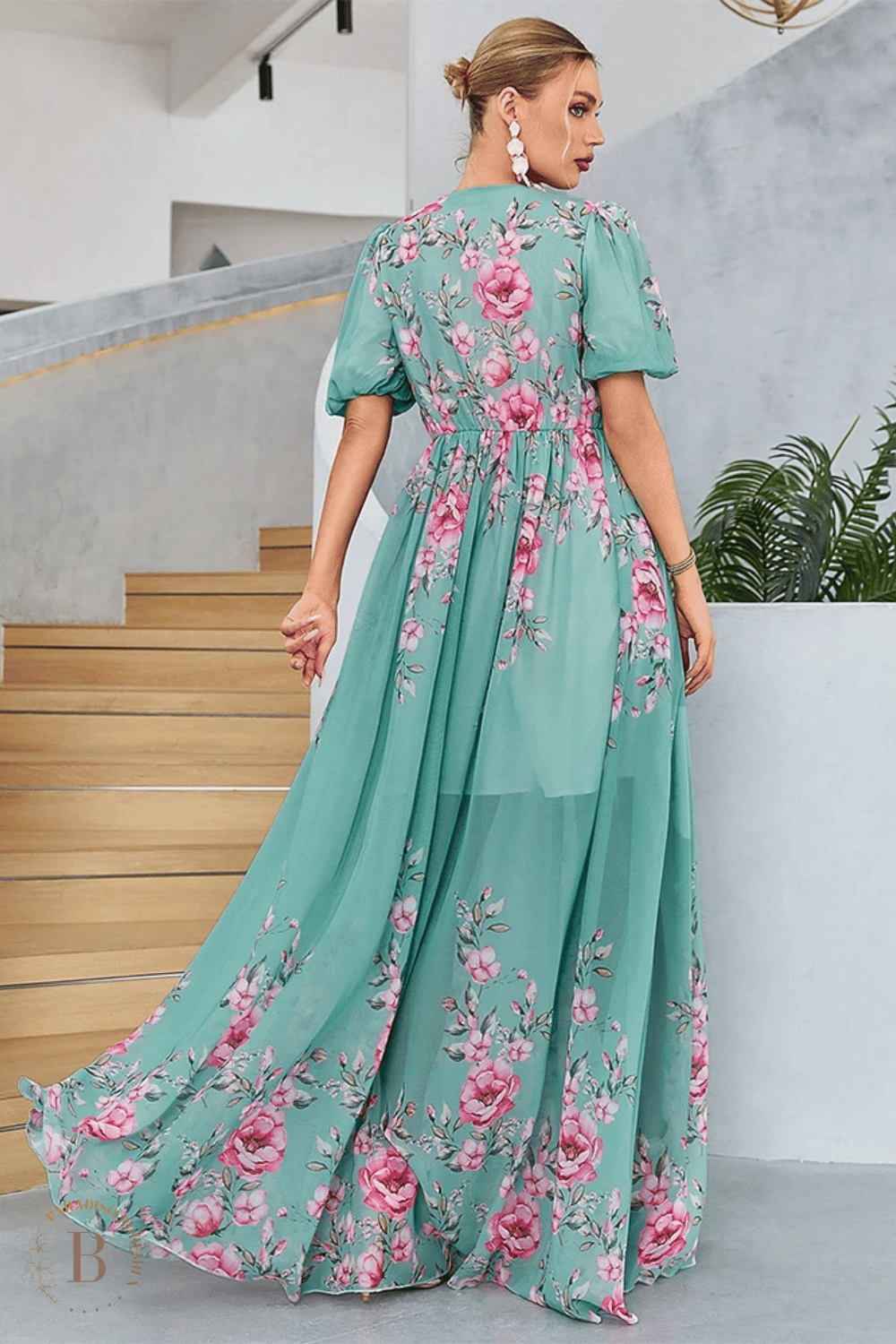 Abito da Cerimonia Verde con Stampa Floreale Rosa | Paradiso Bohemien