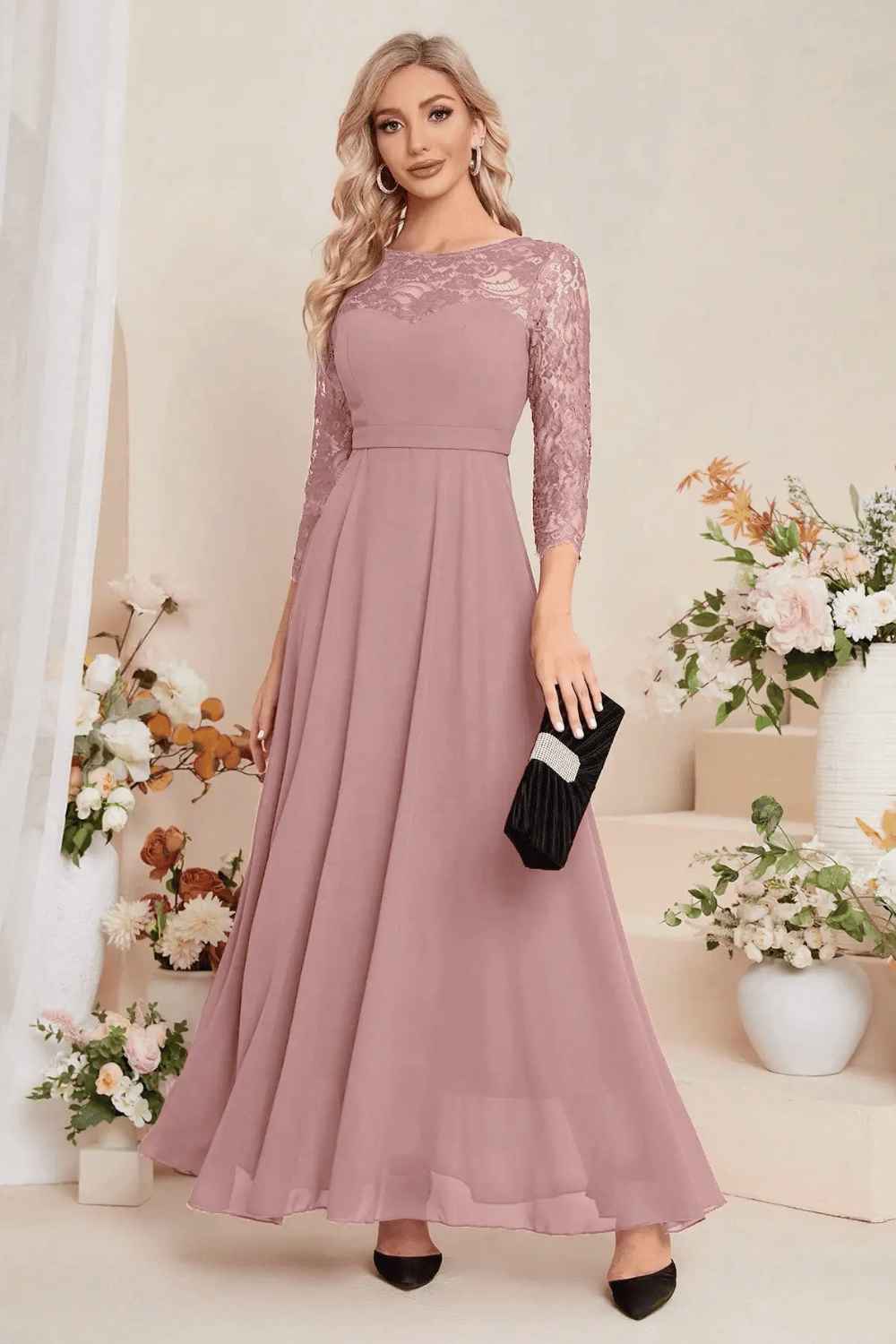 Abito da Cerimonia in Pizzo e Chiffon Rosa Antico | Paradiso Bohemien