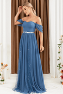 Abito da Cerimonia Lungo Blu con Spalle Scoperte | Paradiso Bohemien