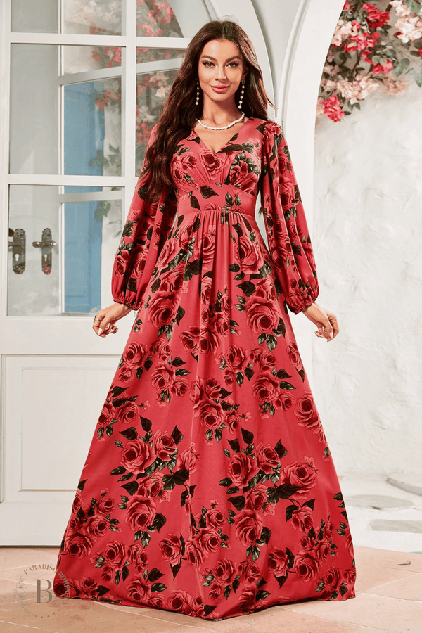 Vestito Rosso da Cerimonia con stampa Floreale | Paradiso Bohemien