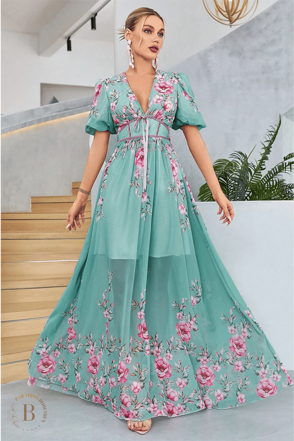 Abito da Cerimonia Verde con Stampa Floreale Rosa | Paradiso Bohemien