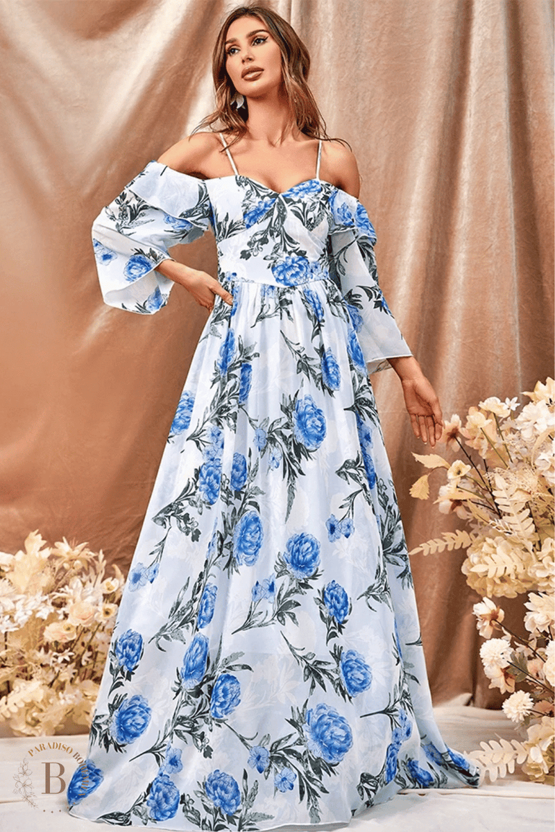 Abito estivo con stampa floreale blu da donna, abito estivo da spiaggia Abito estivo con stampa floreale blu da donna, abito estivo da spiaggia