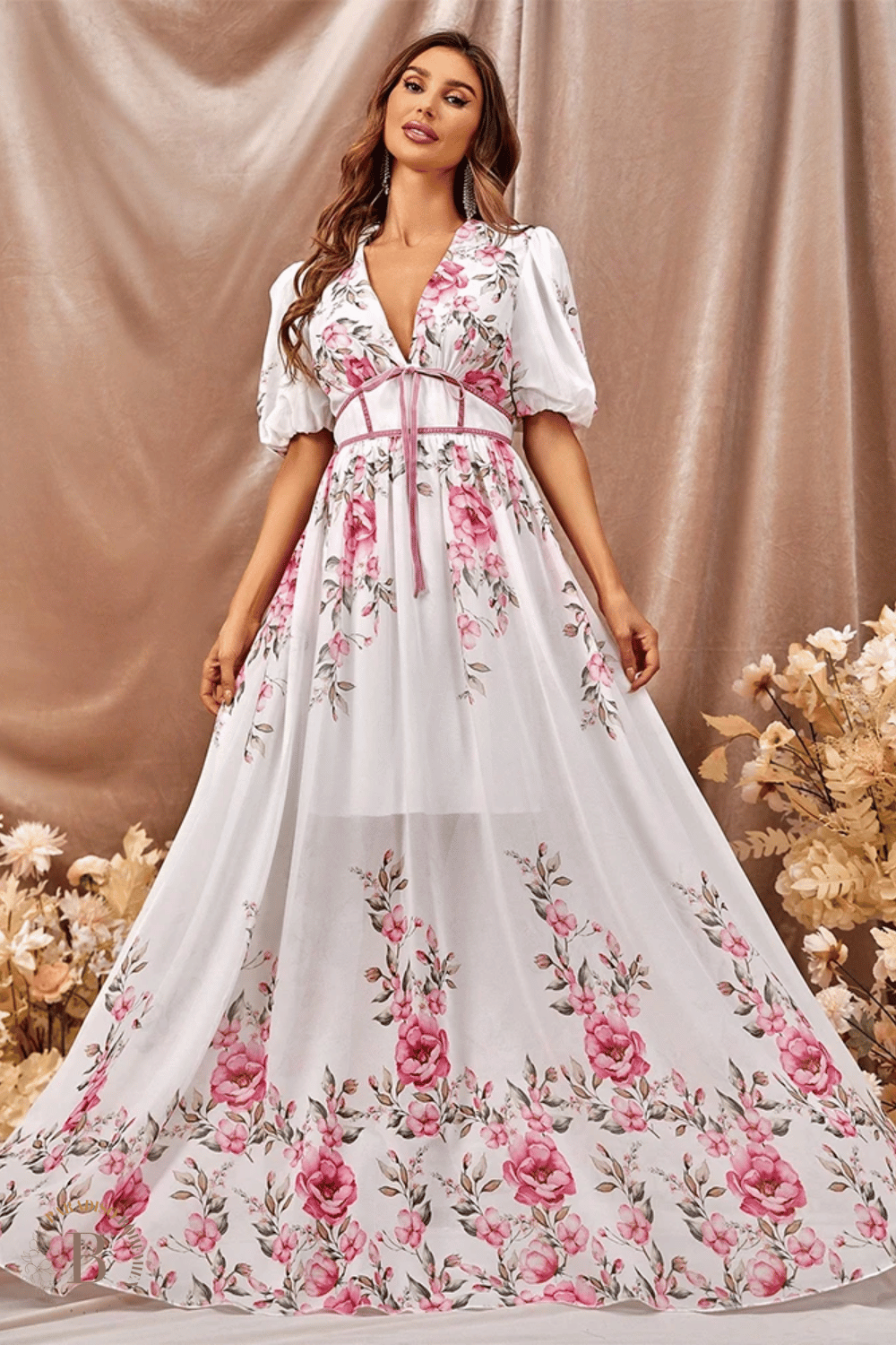 Abito da Cerimonia Bianco con Fiori Rosa | Paradiso Bohemien