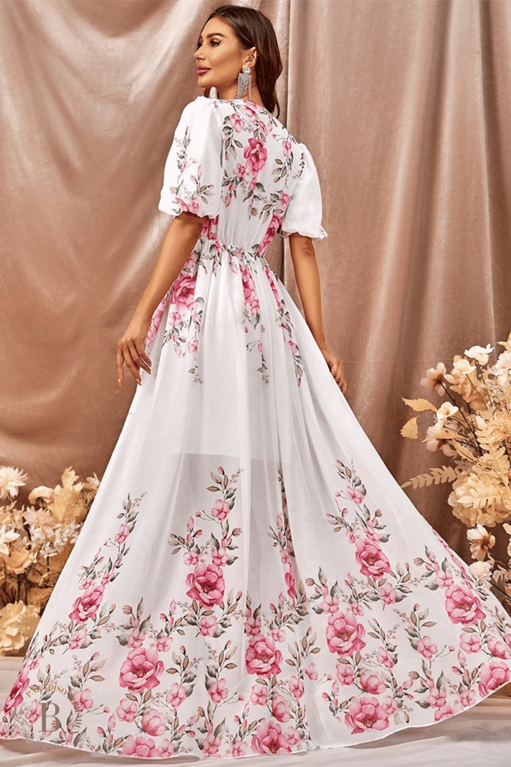 Abito da Cerimonia Bianco con Fiori Rosa | Paradiso Bohemien