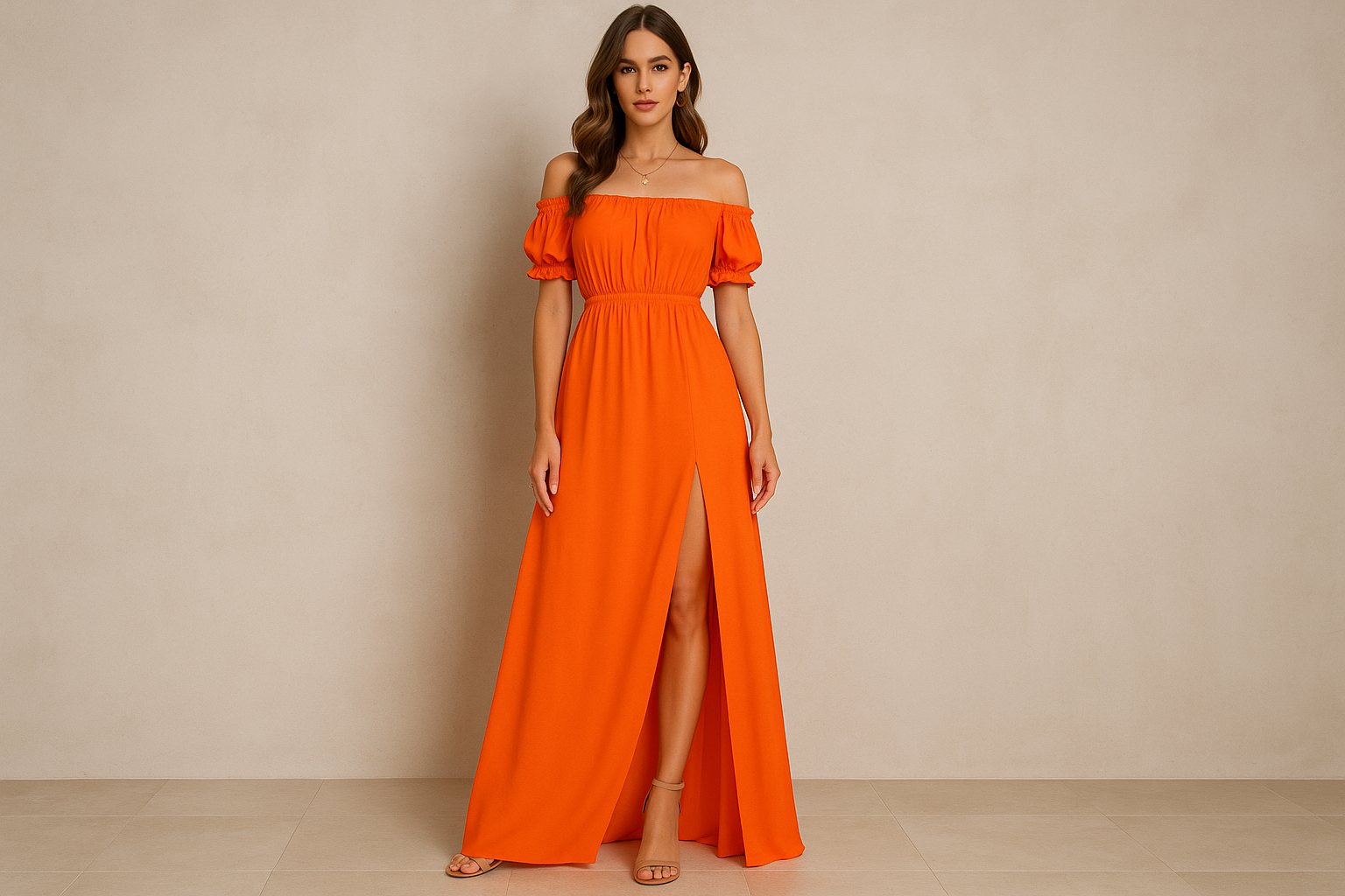 Vestito Boho Chic Lungo Arancione - Immagine Principale con Logo