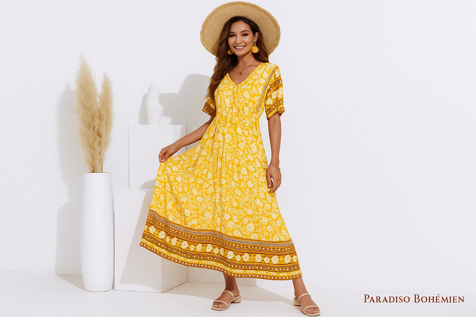 Vestito Boho Lungo Giallo - Immagine Principale con Logo