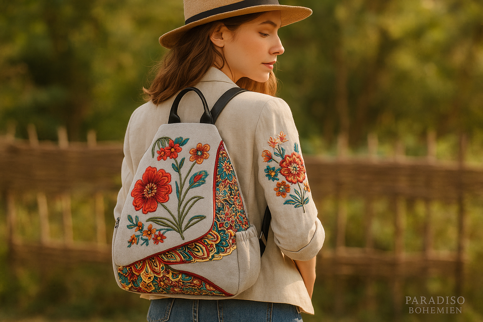 Zaino Boho Ricamato Lifestyle - Immagine Principale con Logo