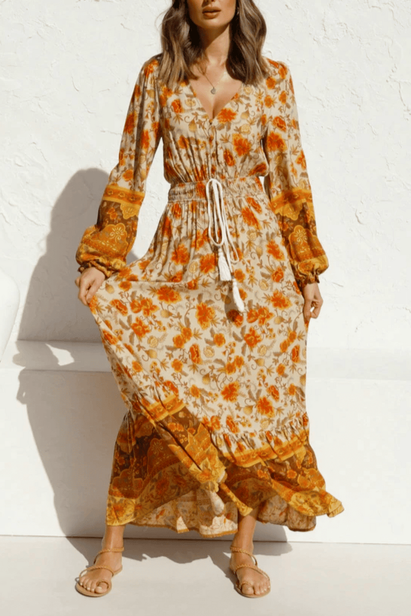 Vestito Arancione a Maniche Lunghe Boho | Paradiso Bohemien