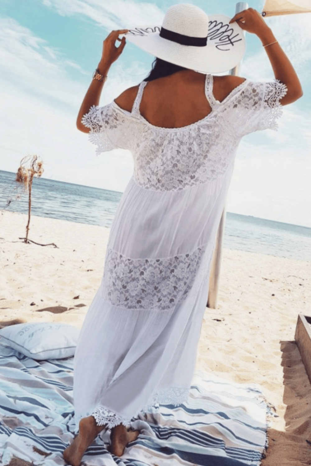 Himllauen Vestito Donna Estivo Lungo Elegante a Tracolla Senza Maniche da Spiaggia Abito Lungo Casual in Tinta Unita Boemia Canottiera in Pizzo Floreale Scolpito per Feste Vacanza (Bianco, S