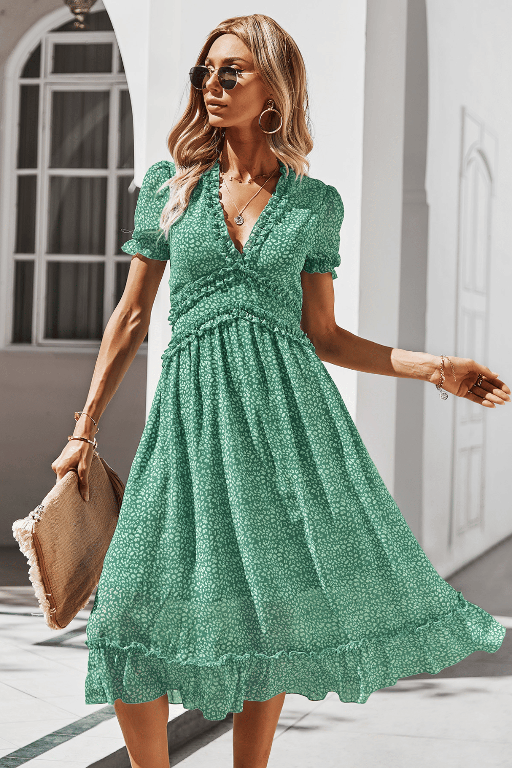 Vestito Midi con Volant Verde a Fiori | Paradiso Bohemien