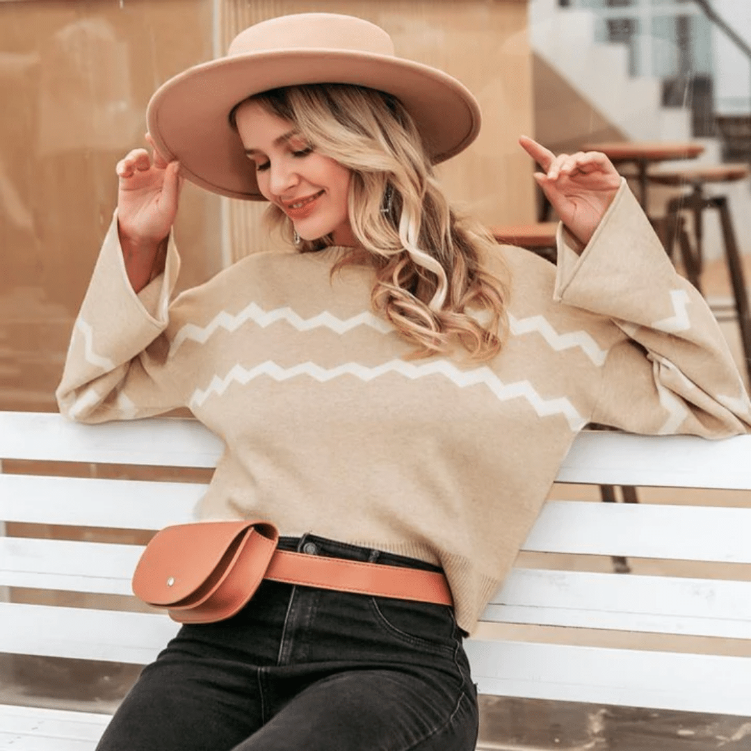 Maglione Donna Color Cammello Con linee bianche a zig-zag | Paradiso Bohemien