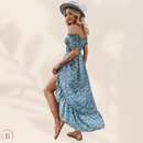  Abito a Fiori con Collo Bardot Blu | Paradiso Bohemien