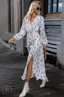 Abito a Maniche Lunghe Bianco con Fiori e spacco | Paradiso Bohemien