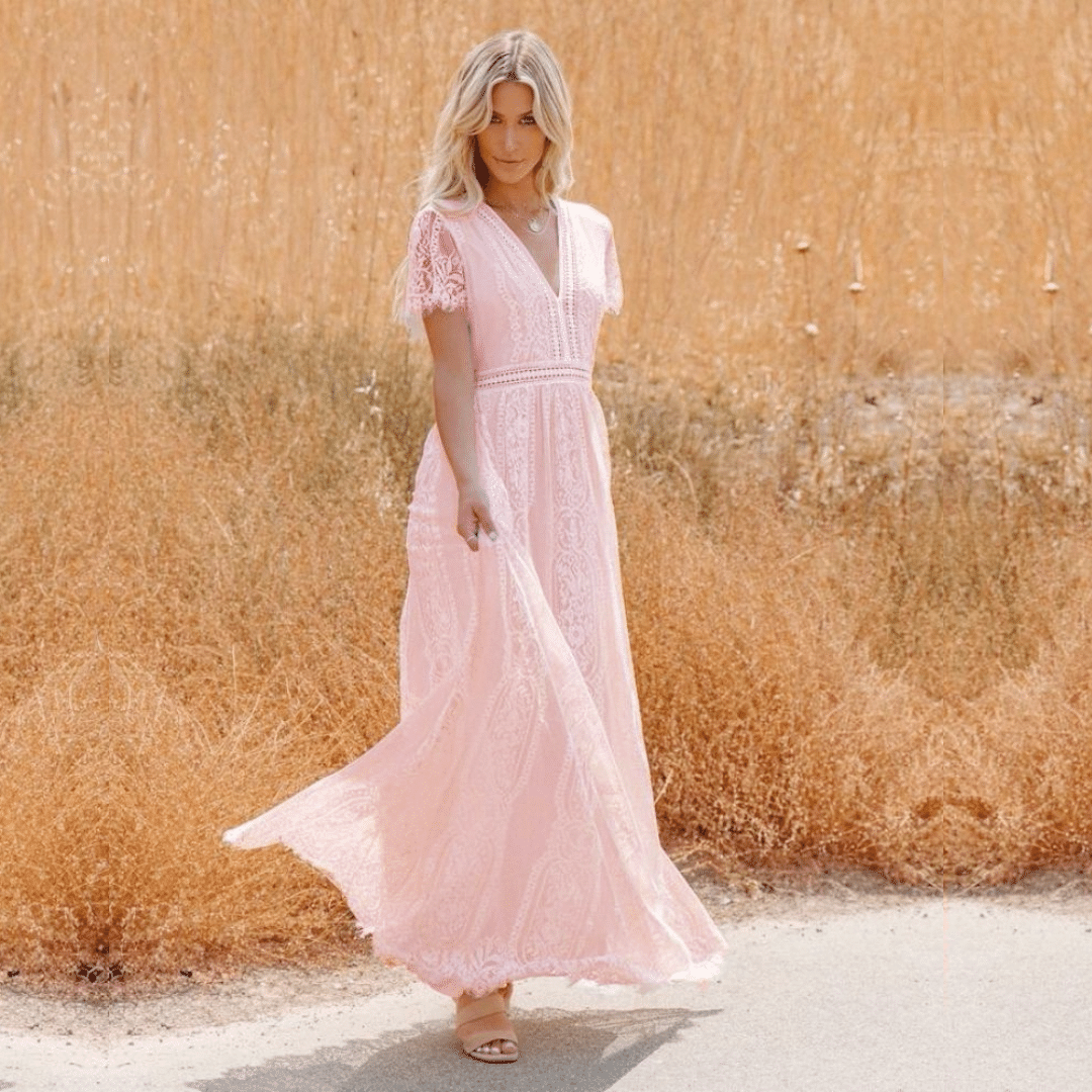 Abito Cerimonia Rosa Cipria in Pizzo Boho | Paradiso Bohemien