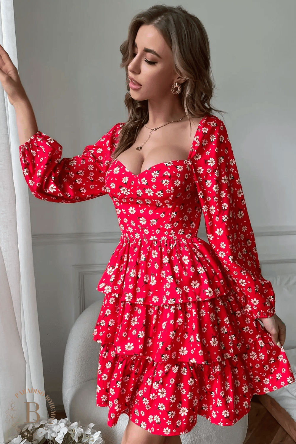Abito Rosso Corto con maniche lunghe | Paradiso Bohemien
