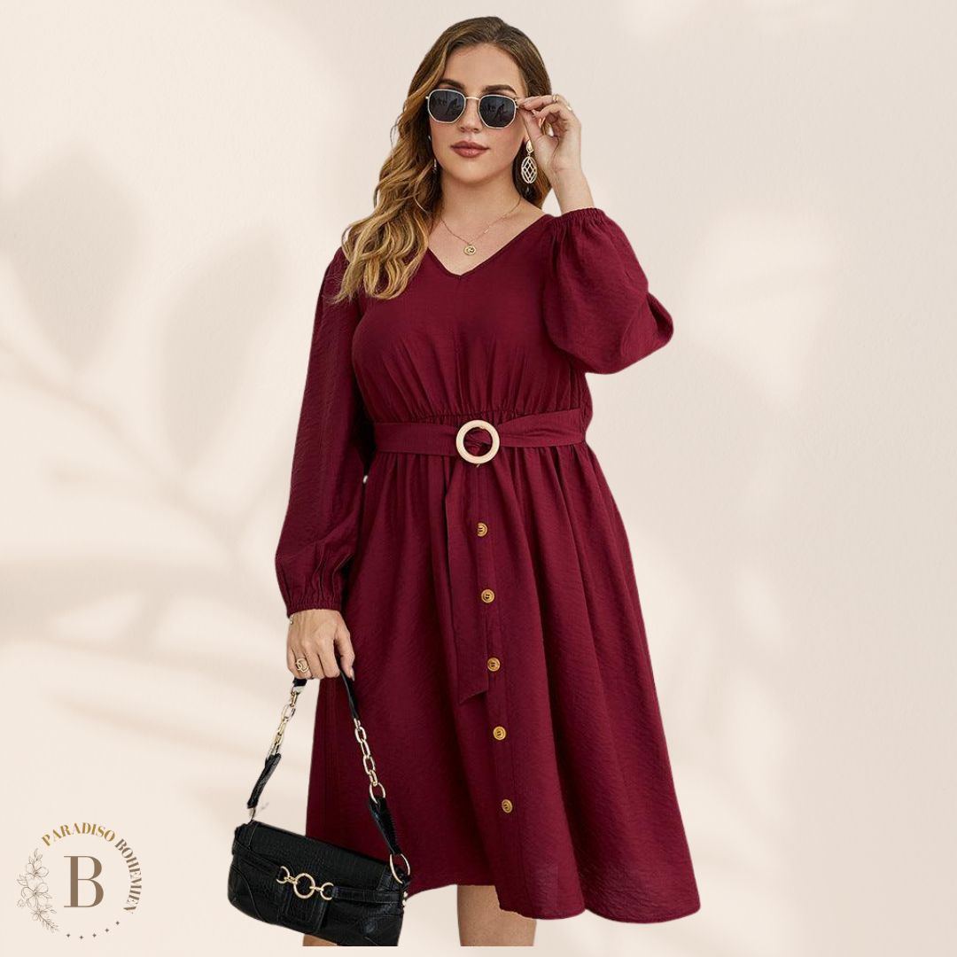 Vestito Rosso Taglie Forti a maniche lunghe e bottoni davanti  | Paradiso Bohemien