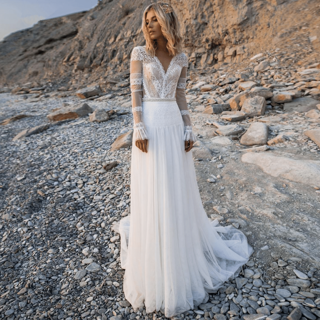 Miro Abito Boho Chic Ibiza – Abito Lungo In Pizzo Con Scollo A V E Maniche Corte, Gonna A Patchwork. Perfetto Per Matrimoni In Spiaggia, Cerimonie E Feste Estive. Taglia Unica Elasticizzata, Bianco.