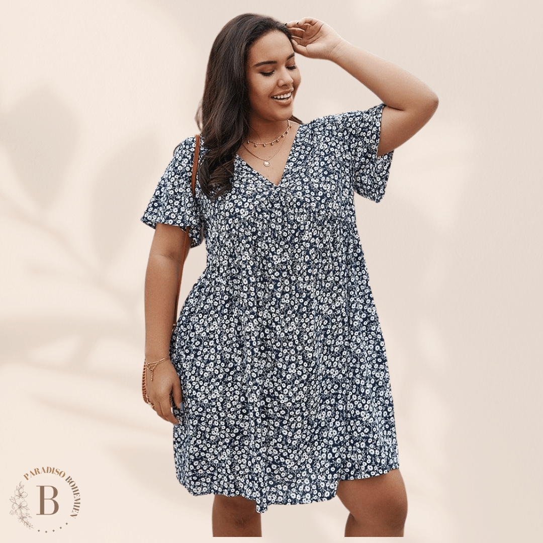 Abito Fantasia Taglie Forti Blu | Paradiso Bohemien