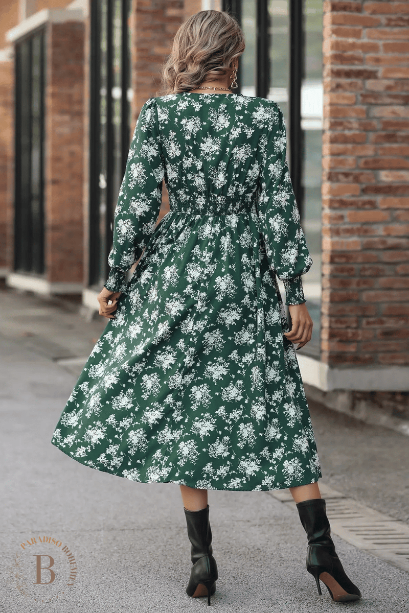 Vestito Verde a Fiori con Maniche Lunghe | Paradiso Bohemien