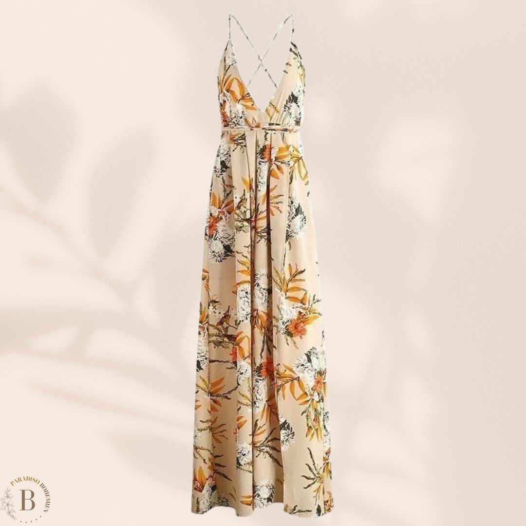 Abito Lungo Beige Bohémien con Fiori Beige | Paradiso Bohemien