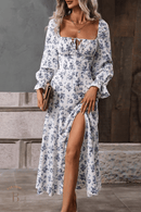 Elegante abito bianco lungo con stampa floreale, spacco e maniche lunghe | Paradiso Bohemien