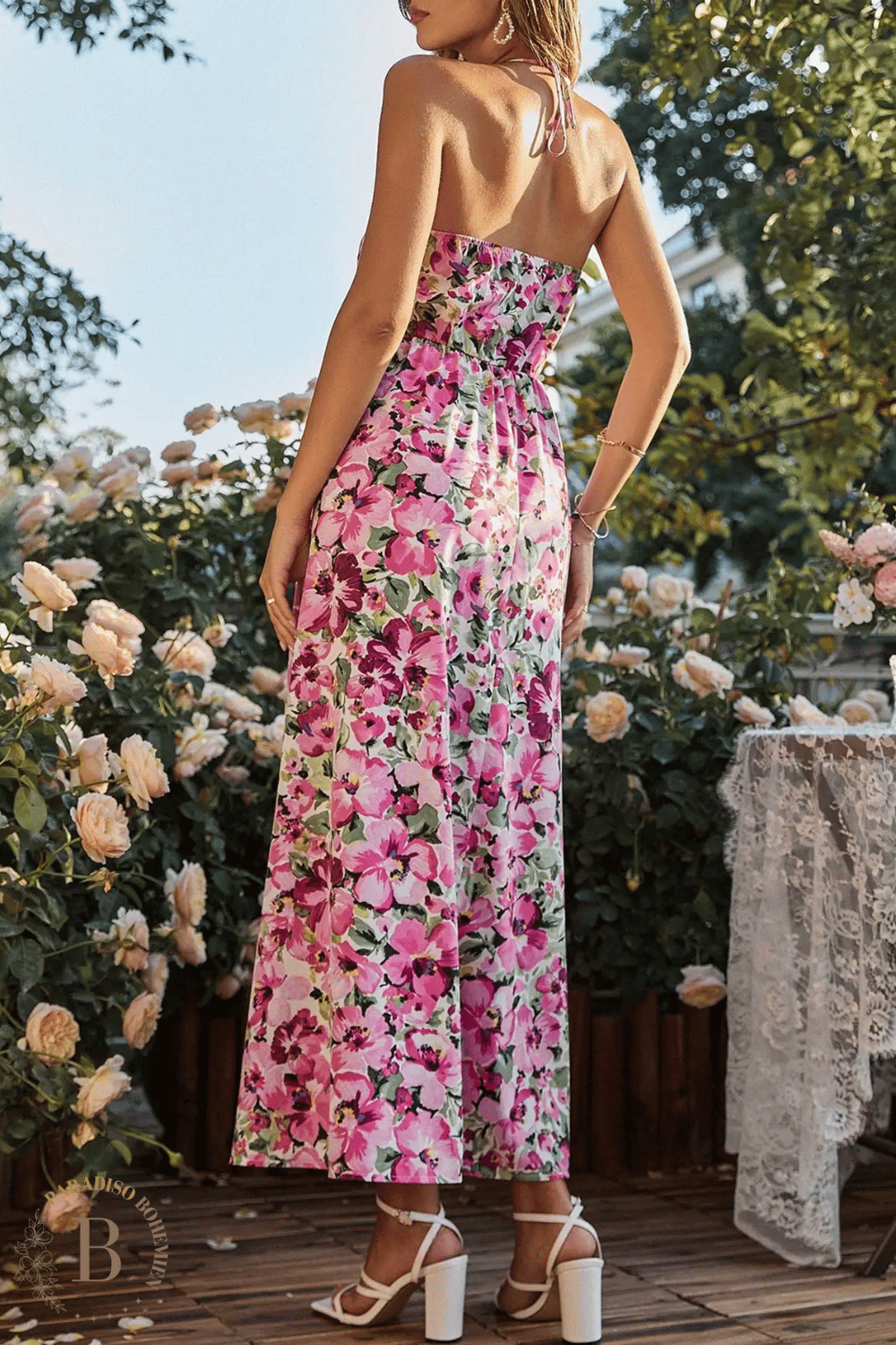 Abito Donna Boho Senza Spalle Con Stampa Floreale – Scollo A V Posteriore, Orlo Increspato, Chiffon