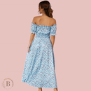 Abito Lungo Country Chic Blu Fiorato con Collo Bardot | Paradiso Bohemien
