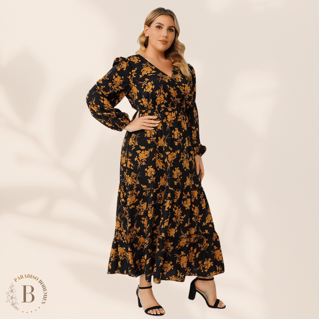Abito Lungo Floreale Nero  Taglie Forti | Paradiso Bohemien