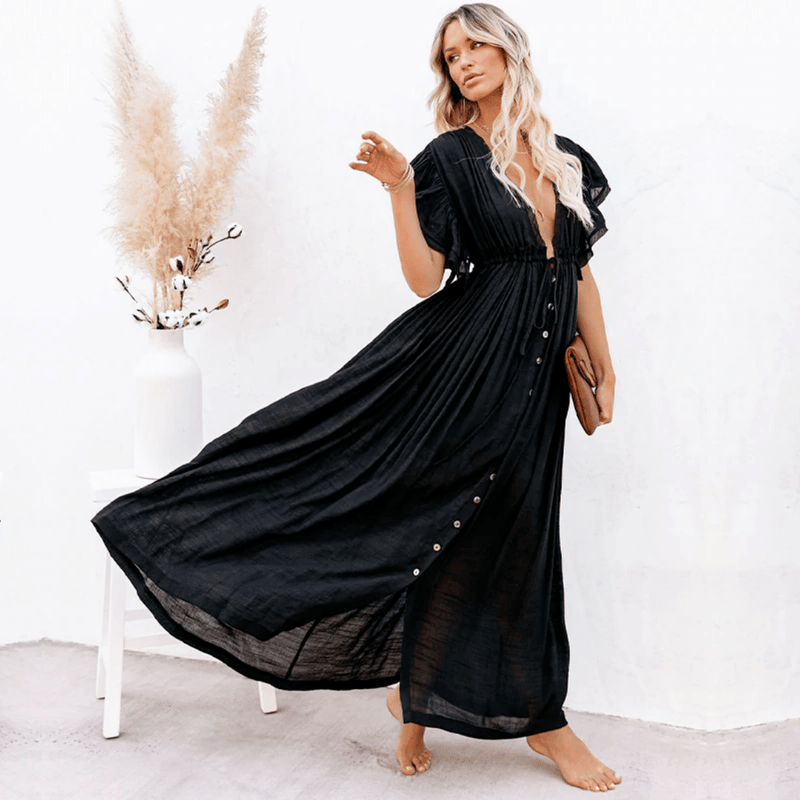 Abito Nero Lungo Elegante Boho Chic Paradiso Bohemien