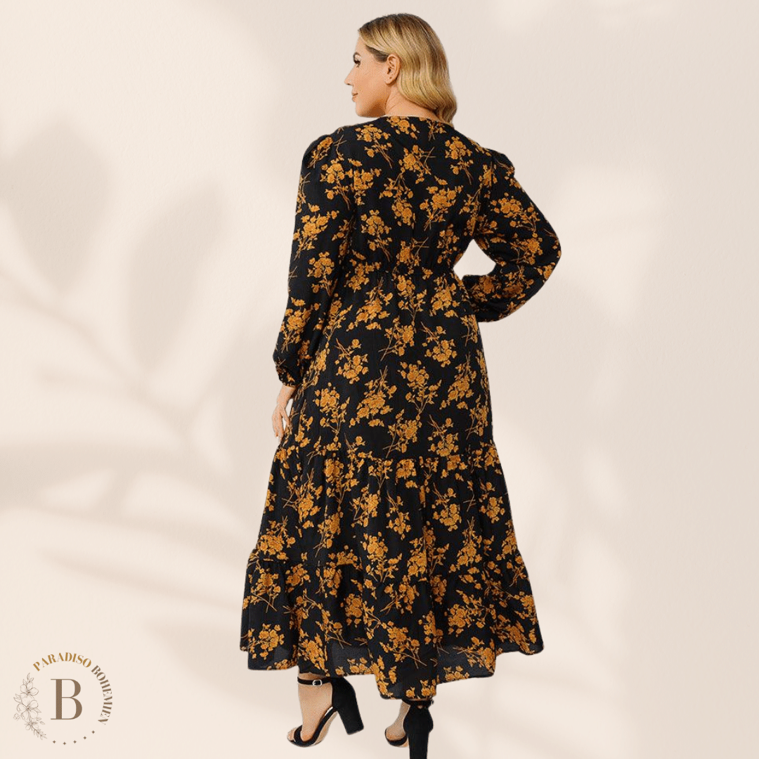 Abito Taglie Forti Nero con Fiori  | Paradiso Bohemien